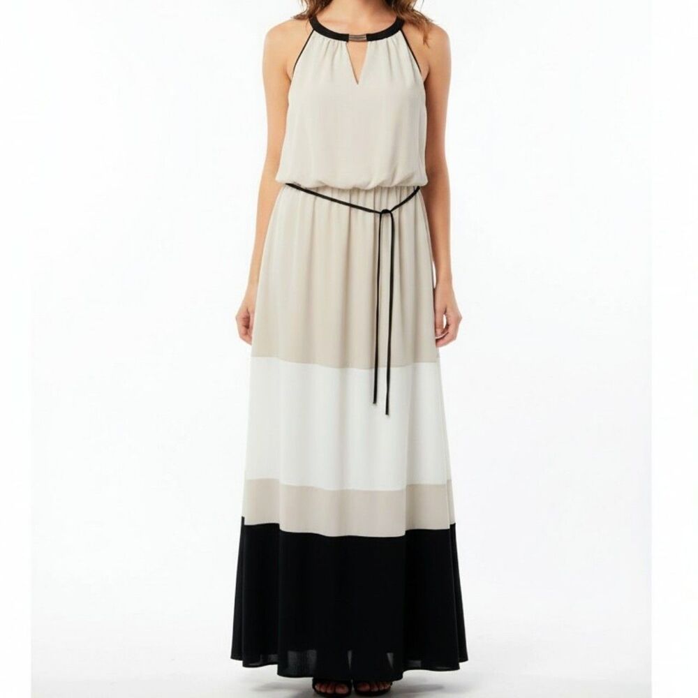 WHITE HOUSE BLACK MARKET Dress Maxi Sleeveless White Tan Black Women Size 10 NWT
